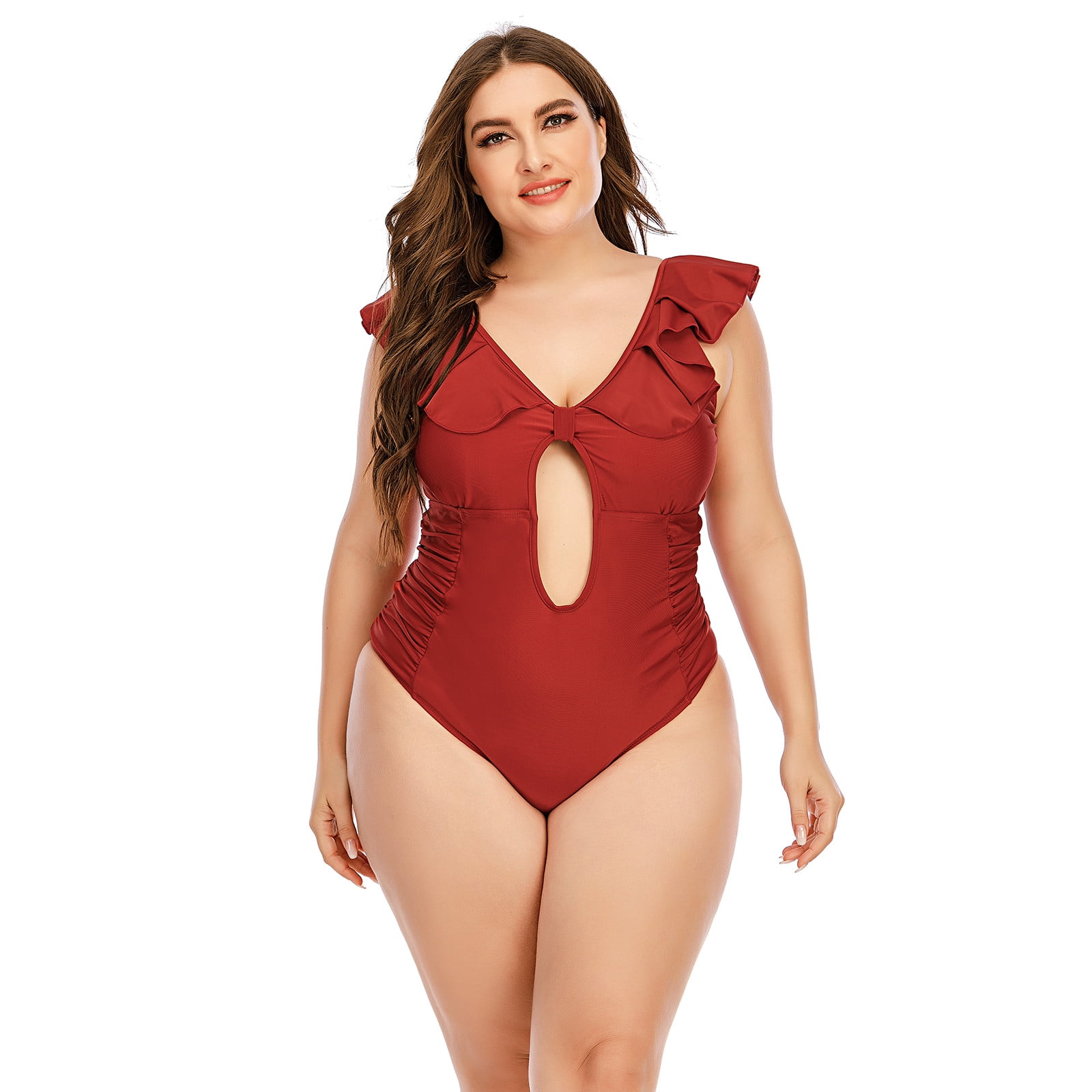 ZQGJB Women's and Women's Plus Ruffled Swimsuit Keyhole Front Hollow Out  One Piece Swimsuit Tummy Control Bathing Suit Beachwear Red,XXL