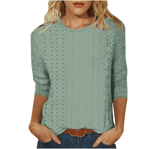 ZQGJB Womens 3/4 Length Sleeve Tops Dressy Summer Crewneck Pullover Trendy Lace Crochet Eyelet Basic Tees Shirt Lightweight Soft Cotton Blouse Army Green L
