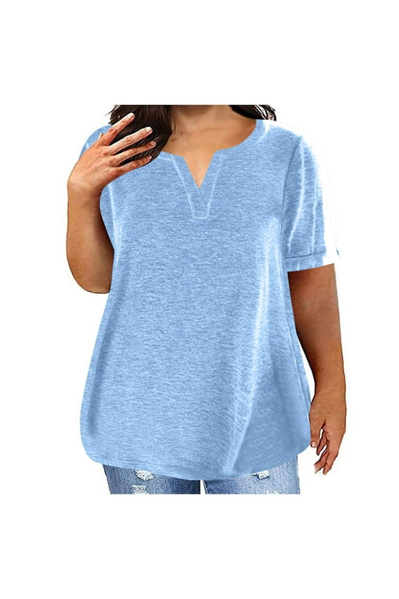 Womens 3/4 Sleeve Tops Casual Dressy Plus Size Summer Elbow Length Sleeve V Neck Pullover Tshirt Loose Fit Soft Cotton Tunic Shirts with Pocket Z01-Light Blue XXXXXL