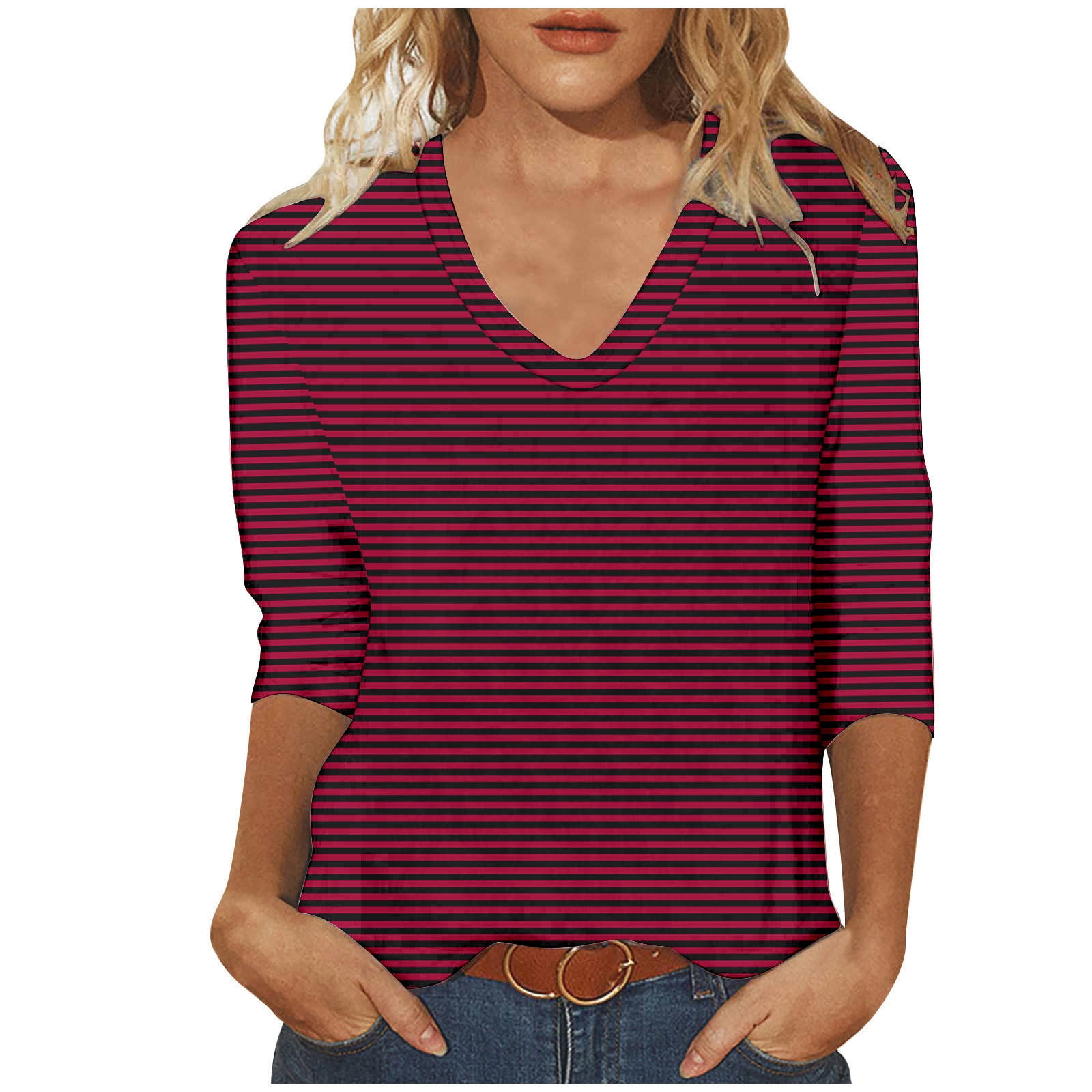 ZQGJB Womens 3/4 Sleeve Tops Casual Striped Pattern Print Summer V Neck Tunic Blouse Loose Fit Comfy Pullovers Trendy Workout Tees Shirt Wine XL