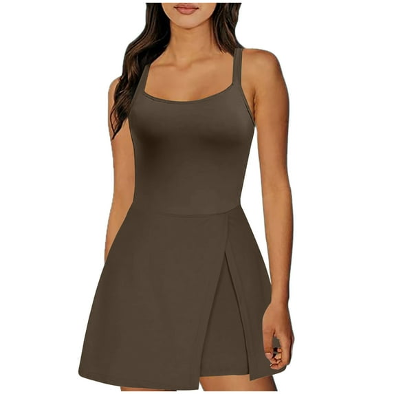 ZQGJB Womens Athletic Romper One Piece Workout Outfits Trendy Solid Color Side Slit Tennis Dresses Exercise Golf Skorts Onesies Brown L