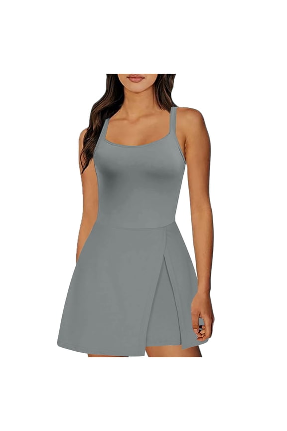 Womens Athletic Romper One Piece Workout Outfits Trendy Solid Color Side Slit Tennis Dresses Exercise Golf Skorts Onesies Gray XL