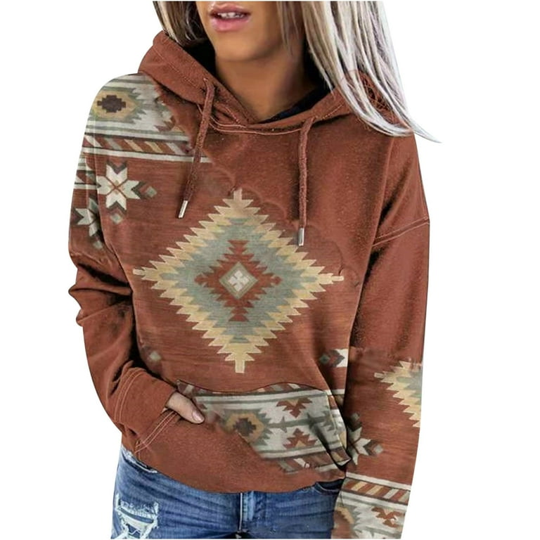 ZQGJB Womens Aztec Hoodie Geometric Print Sweater Plus Size Long Sleeve Vintage Color Block Pullover Drawstring Sweatshirt with Pockets Coffee M