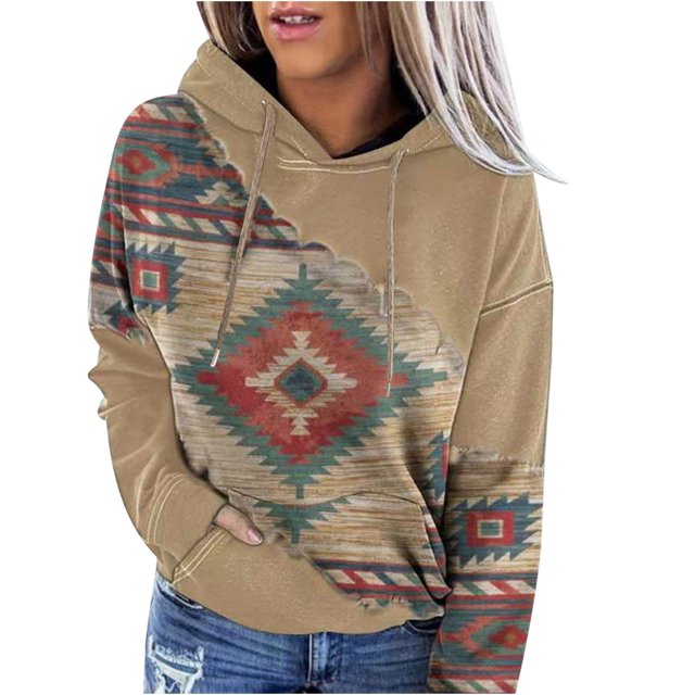 ZQGJB Womens Aztec Hoodie Geometric Print Sweater Plus Size Long Sleeve