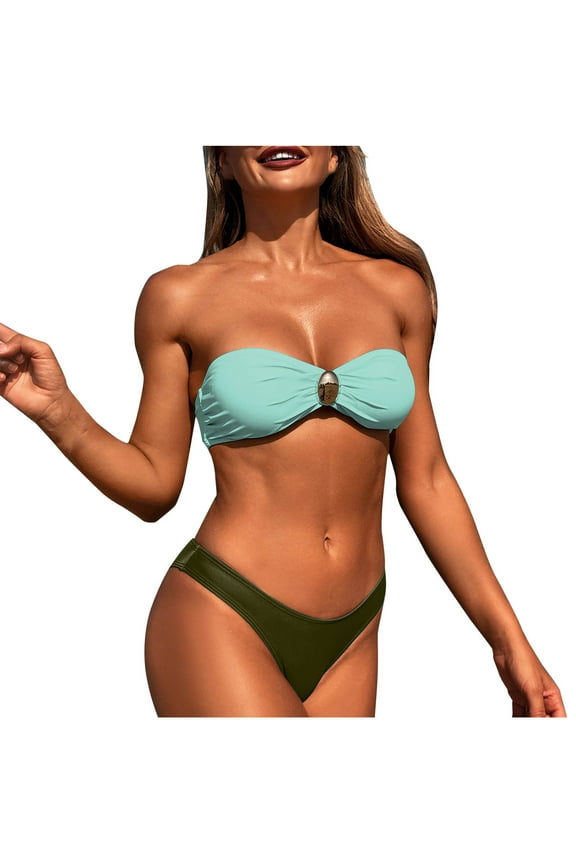 Womens Bandeau Bikini Sets Sexy Strapless Two Piece Swimsuit Cheeky High Cut Cute Color Block Ribbed Ladies Bathing Suit(Green,S)