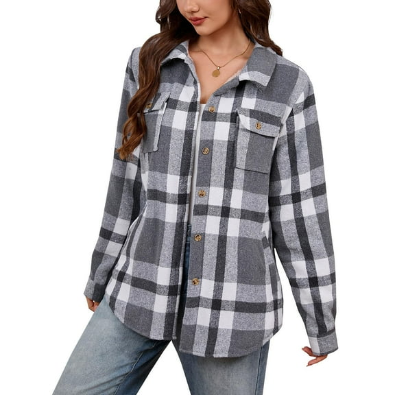 ZQGJB Womens Button Down Flannel Plaid Shirts Trendy Fall Winter Thick Warm Sherpa Fleece Long Sleeve Shackets Jackets Business Blouse Top with Pockets Multicolor#08 L