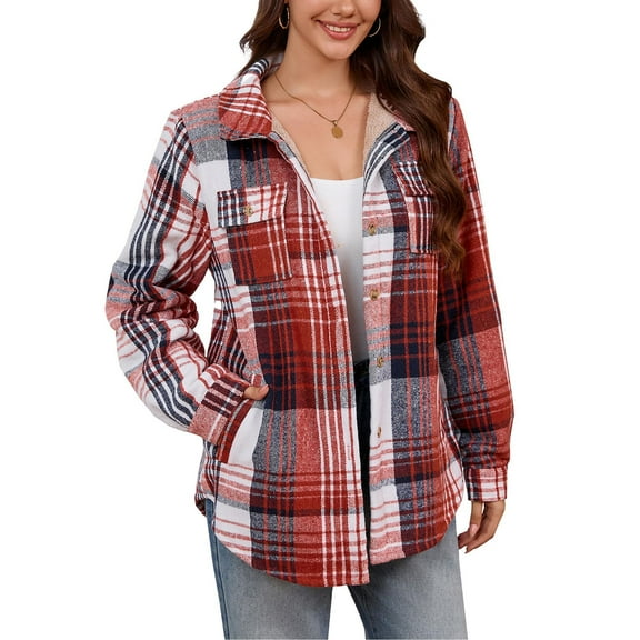 ZQGJB Womens Button Down Flannel Plaid Shirts Trendy Fall Winter Thick Warm Sherpa Fleece Long Sleeve Shackets Jackets Business Blouse Top with Pockets Multicolor#11 S