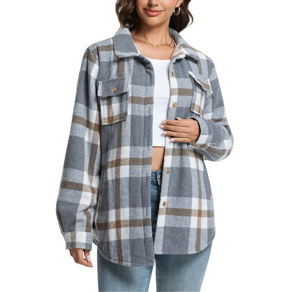 ZQGJB Womens Button Down Flannel Plaid Shirts Trendy Fall Winter Thick Warm Sherpa Fleece Long Sleeve Shackets Jackets Business Blouse Top with Pockets Multicolor#04 S