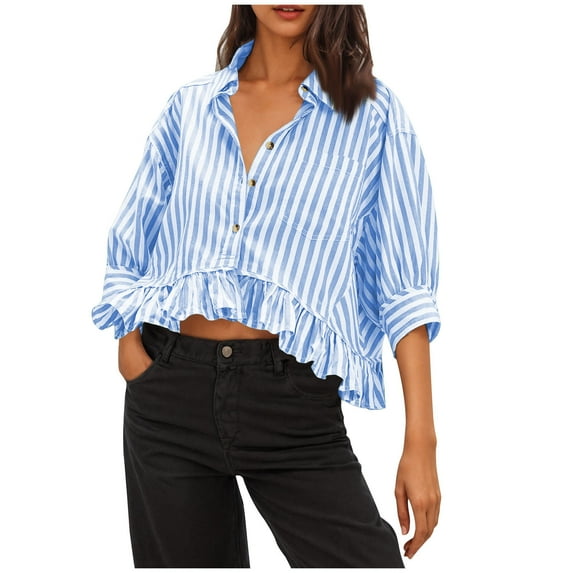 ZQGJB Womens Button Down Striped Shirts Peplum Ruffle Hem 3/4 Sleeve Casual Loose Babydoll Blouse Cropped Beach Vacation Collared Tops with Pocket Light Blue M
