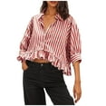 thumbnail image 1 of ZQGJB Womens Button Down Striped Shirts Peplum Ruffle Hem 3/4 Sleeve Casual Loose Babydoll Blouse Cropped Beach Vacation Collared Tops with Pocket Red XXL, 1 of 7