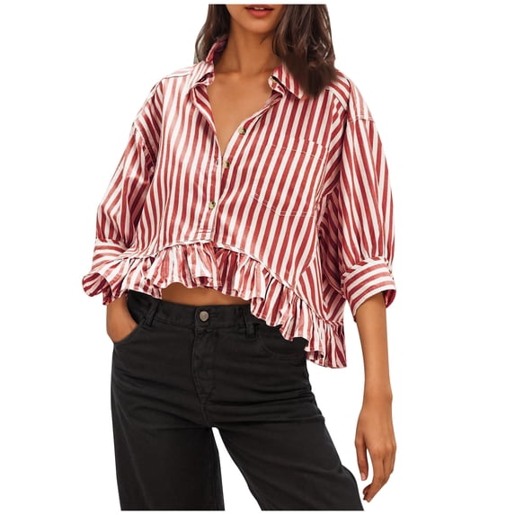 ZQGJB Womens Button Down Striped Shirts Peplum Ruffle Hem 3/4 Sleeve Casual Loose Babydoll Blouse Cropped Beach Vacation Collared Tops with Pocket Red XXL