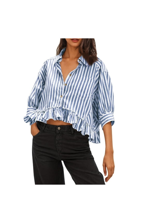 Womens Button Down Striped Shirts Peplum Ruffle Hem 3/4 Sleeve Casual Loose Babydoll Blouse Cropped Beach Vacation Collared Tops with Pocket Sky Blue XXL
