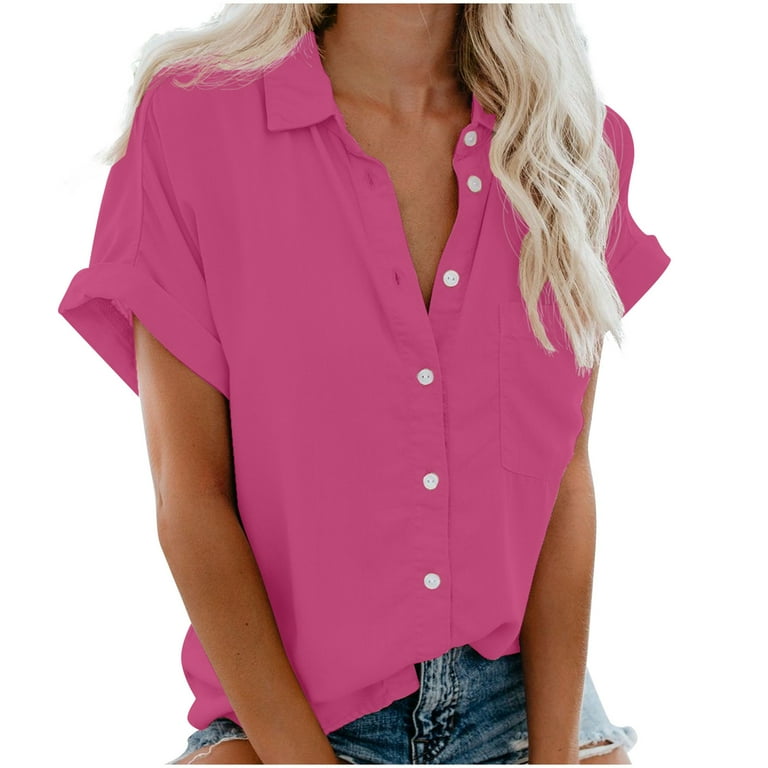 ZQGJB Womens Casual Short Sleeve Button Down Cotton Linen Shirt Solid Color Blouse Loose Fit Cute Plain Tees Lightweight Casual V Neck Tops Hot Pink