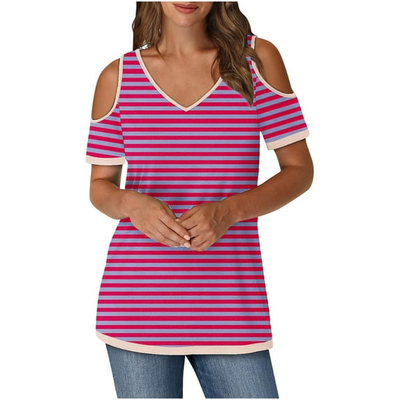 ZQGJB Womens Casual Striped Print T-Shirts Trendy V Neck Summer Off the Shoulder Tunic Blouse Loose Lightweight Comfy Pullover Tops Hot Pink L