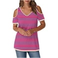 thumbnail image 1 of ZQGJB Womens Casual Striped Print T-Shirts Trendy V Neck Summer Off the Shoulder Tunic Blouse Loose Lightweight Comfy Pullover Tops Hot Pink S, 1 of 6