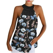 ZQGJB Womens Casual Summer Tank Tops Loose Fit Vintage Floral Print Sleeveless Halter Mock Neck Pullover Tshirt Trendy Flowy Blouse Black XXL