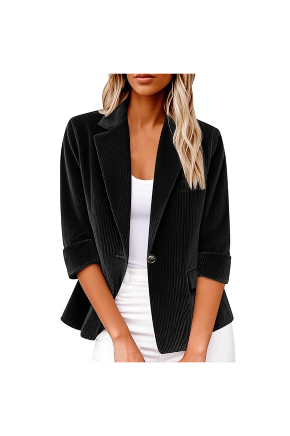 Womens Corduroy Blazer Suit Jacket Long Sleeve Notched Lapel Button Coat Work Office Blazer Jacket with Pockets Black XXL