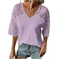 thumbnail image 1 of ZQGJB Womens Dressy Tops Plus Size Summer Lace Crochet Short Sleeve T-Shirts Trendy Solid Color Casual V Neck Mesh Tshirt Top Loose Relaxed Fitted Baggy Shirt Blouse Purple XXL, 1 of 6