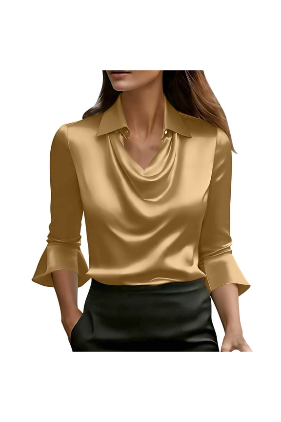 Womens Elegant Cowl Neck Satin Blouse Ruffled 3/4 Length Sleeve Collared T-Shirts Tops Dressy Business Casual Office Work Silk Shirt Fall Spring Outfits Yellow XXL