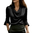 thumbnail image 1 of ZQGJB Womens Elegant Cowl Neck Satin Blouse Ruffled 3/4 Length Sleeve Collared T-Shirts Tops Dressy Business Casual Office Work Silk Shirt Fall Spring Outfits Black XL, 1 of 9