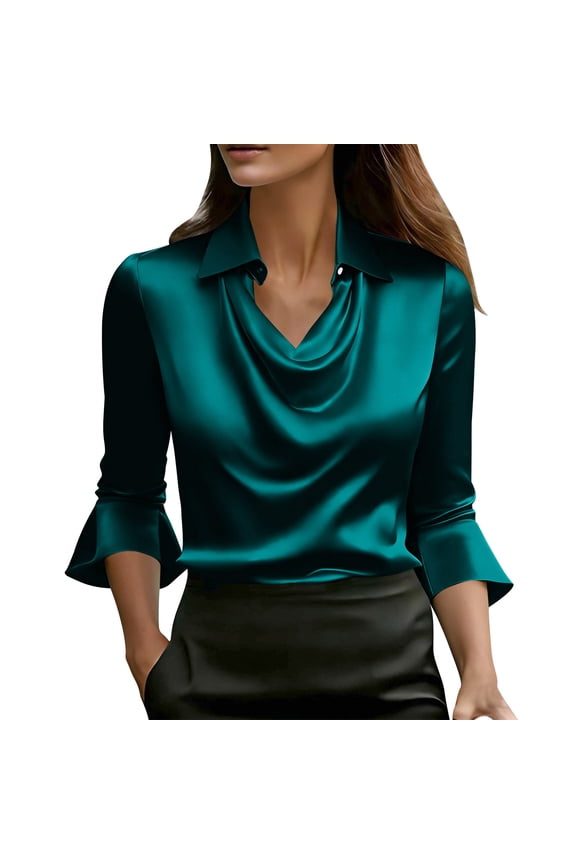 Womens Elegant Cowl Neck Satin Blouse Ruffled 3/4 Length Sleeve Collared T-Shirts Tops Dressy Business Casual Office Work Silk Shirt Fall Spring Outfits Green M