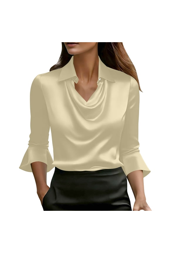 Womens Elegant Cowl Neck Satin Blouse Ruffled 3/4 Length Sleeve Collared T-Shirts Tops Dressy Business Casual Office Work Silk Shirt Fall Spring Outfits Beige XXL
