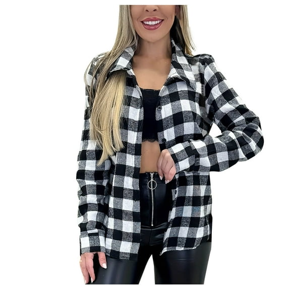 ZQGJB Womens Fashion Flannel Buffalo Plaid Shirt Button Down Long Sleeve Casual Loose Lightweight Lapel Collared Shacket Jackets Coats Black XL