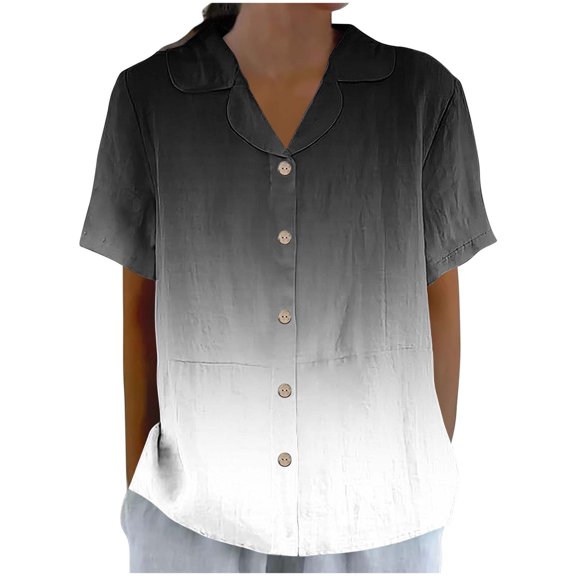 ZQGJB Womens Fashion T-Shirts Casual Tie Dye Gradient Color Print Short Sleeve Button Down Tunic Tees Loose Fit Collared Tshirt Summer Work Blouse Black M