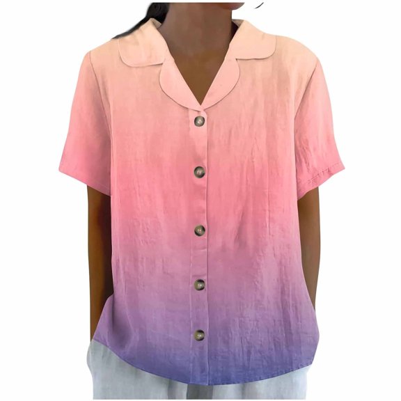 ZQGJB Womens Fashion T-Shirts Casual Tie Dye Gradient Color Print Short Sleeve Button Down Tunic Tees Loose Fit Collared Tshirt Summer Work Blouse Watermelon Red S