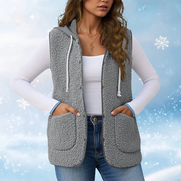 ZQGJB Womens Fleece Hoodie Vest Loose Warm Button Down Fall Fuzzy Sherpa Jackets Fuzzy Vest with Pockets Winter Plush Thick Warm Hooded Outerwear Tops Gray L
