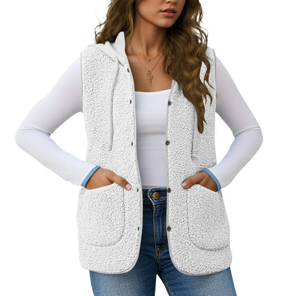 ZQGJB Womens Fleece Hoodie Vest Loose Warm Button Down Fall Fuzzy Sherpa Jackets Fuzzy Vest with Pockets Winter Plush Thick Warm Hooded Outerwear Tops White L