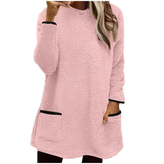 ZQGJB Womens Fuzzy Loungewear Tops Winter Plush Thick Warm Long Sleeve Sherpa Fleece Crewneck Pullover Sweatshirts Fashion 2025 Outfit Clothes with Pockets Pink S