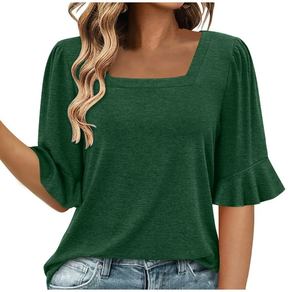 ZQGJB Womens Half Sleeve Shirts Summer Square Neck Bell Sleeve Tops Business Casual Solid Color Loose Tunic Work Dressy Blouses Green S