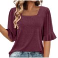 thumbnail image 1 of ZQGJB Womens Half Sleeve Shirts Summer Square Neck Bell Sleeve Tops Business Casual Solid Color Loose Tunic Work Dressy Blouses Wine XXL, 1 of 6
