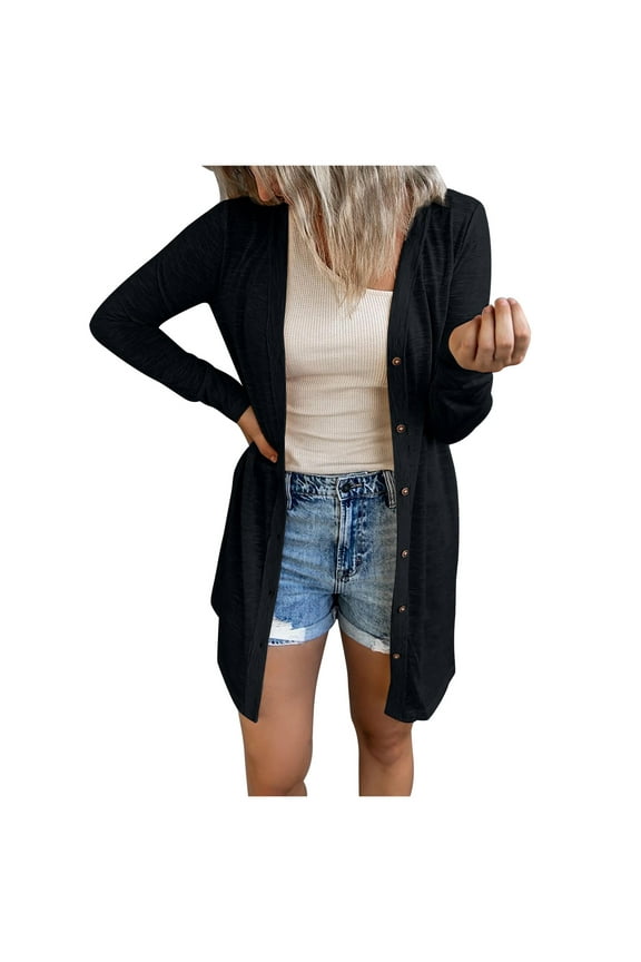 Womens Lightweight Cardigan Long Sleeve Open Front Cardigans Button Down Solid Color Cardigan Loose Cover Up Casual Blouse Tops Thin Jackets Black XXL