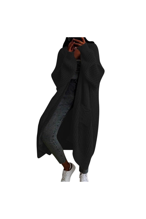 Womens Long Cardigan Sweaters Heavyweight Open Front Oversized Thick Warm Duster with Pocket for Women 2025 Fall Winter Knit Design Coats Black M