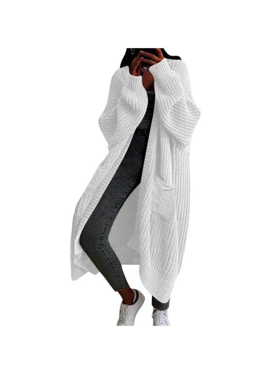 Womens Long Cardigan Sweaters Heavyweight Open Front Oversized Thick Warm Duster with Pocket for Women 2025 Fall Winter Knit Design Coats White L
