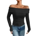 thumbnail image 1 of ZQGJB Womens Long Sleeve Off Shoulder Shirts Tight Fitted Going Out Y2K Sexy Solid Color Ruched Tee Tops Blouses 2025 Trendy Outfits Black XL, 1 of 7