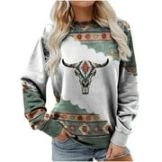 ZQGJB Womens Long Sleeve Western Shirts Round Neck Sweaters Shirts Spring Trendy Casual Ethnic Graphic Sweatshirts Pullover Tops Army Green S