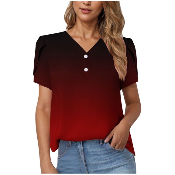 ZQGJB Womens Ombre Tshirts V Neck Short Sleeve Buttons Tops Petal Sleeve Tee Summer Tie Dye Color Block Blouse Loose Fit 2025 Shirs Clothes Wine XL