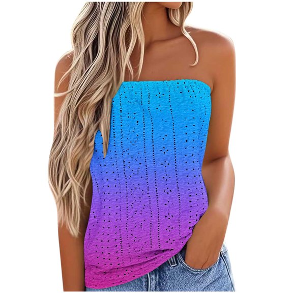 ZQGJB Womens Ombre Tube Tops Casual Summer Tie Dye Gradient Color Print Lace Crochet Eyelet Tanks Backless Dressy Bandeau Sleeveless Shirts Blue#02 XL