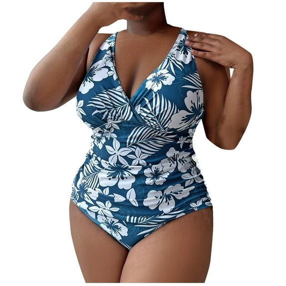 ZQGJB Womens Plus Size Tankini Swimsuits Vintage Floral Printed Summer Tummy Control Two Piece Bathing Suit Flowy Swimdress with Boyshorts(Blue#02,L)
