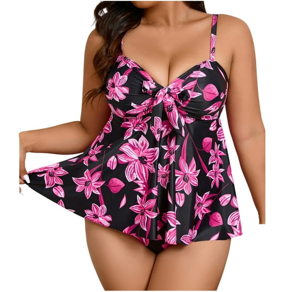 ZQGJB Womens Plus Size Tankini Swimsuits Vintage Floral Printed Summer Tummy Control Two Piece Bathing Suit Flowy Swimdress with Boyshorts(Pink,XXXL)