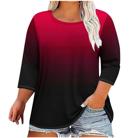 ZQGJB Womens Plus Size Tops Casual Tie Dye Gradient Print 3/4 Sleeve Crewneck Pullover Tops Trendy Oversized Baggy Ombre T-Shirts Red XXXL