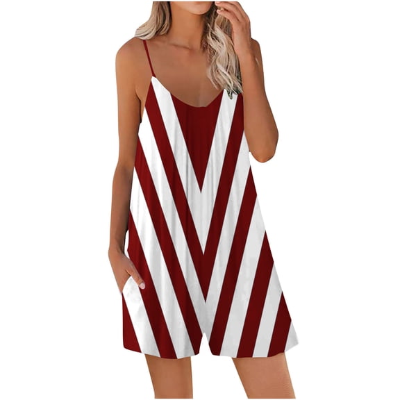 ZQGJB Womens Rompers Loose Summer Sleeveless Outfits Adjustable Straps Casual Striped Pattern Print Shorts Jumpsuit with Pockets Wide Leg Short Harem Pants Wine XL