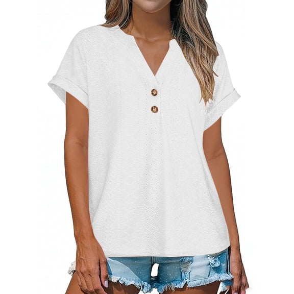 ZQGJB Womens Short Sleeve Henley Tops V Neck Dressy Casual Lace Crochet Eyelet Blouses Summer Trendy Tee Shirts 2026 Vacation Fashion Clothes White S