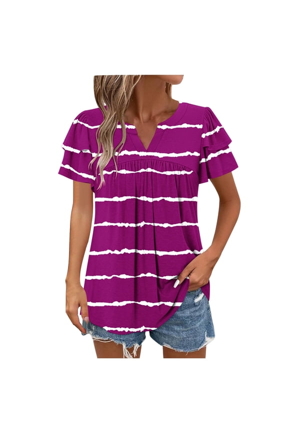 Womens Striped T-Shirts Dressy Casual Summer Double Layer Short Seleve V Neck Ruched Pleated Tunic Blouse Trendy Cozy Flowy Tops Purple L