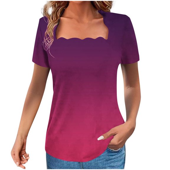 ZQGJB Womens Summer Ombre Tops Seashell Edge Square Neck Tie Dye Gradient Color Printed T-Shirts Dressy Elegant Short Sleeve Top Loose Flowy Tunic Blouses Watermelon Red XL