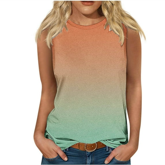 ZQGJB Womens Summer Sleeveless Tank Tops Casual Tie Dye Gradient Print Round Neck Graphic Tunic Blouse Loose Lightweight Comfy Camisole Vest Top Orange XL