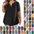 thumbnail image 1 of ZQGJB Womens Summer T-Shirts Plus Size Casual Short Sleeve Button up V Neck Henley Shirts Loose Oversized Comfy Soft Cotton Tees Tops with Pockets C-Blue XXXL, 1 of 7